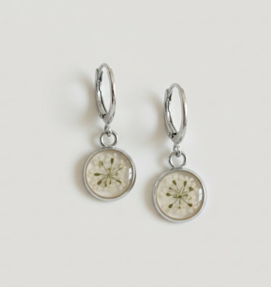 Baby’s Breath White Huggie Earrings